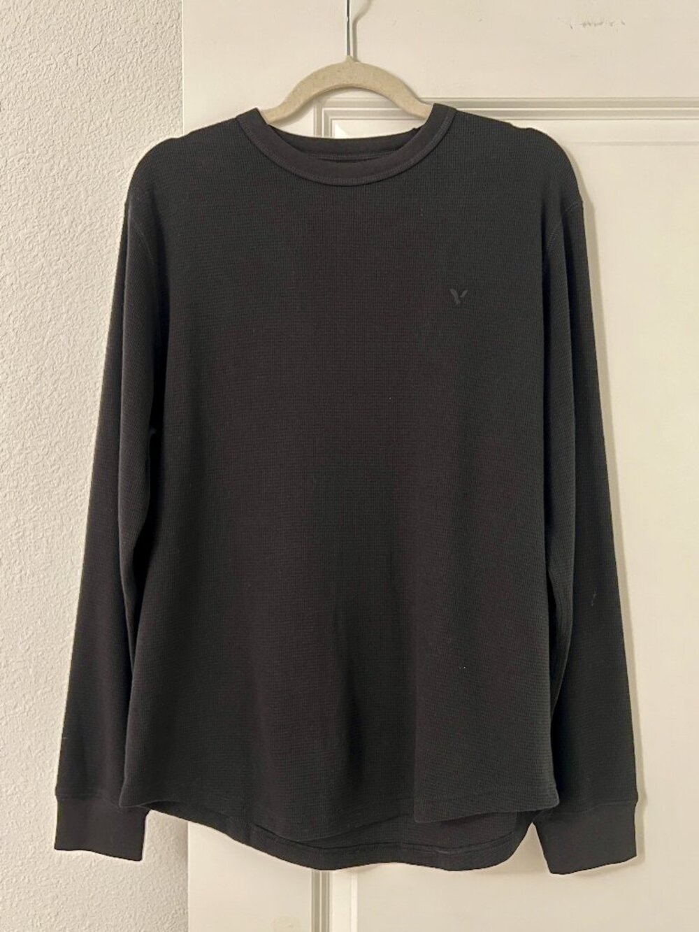 American Eagle Black Waffle Knit Long John Shirt Long Sleeve, NEW